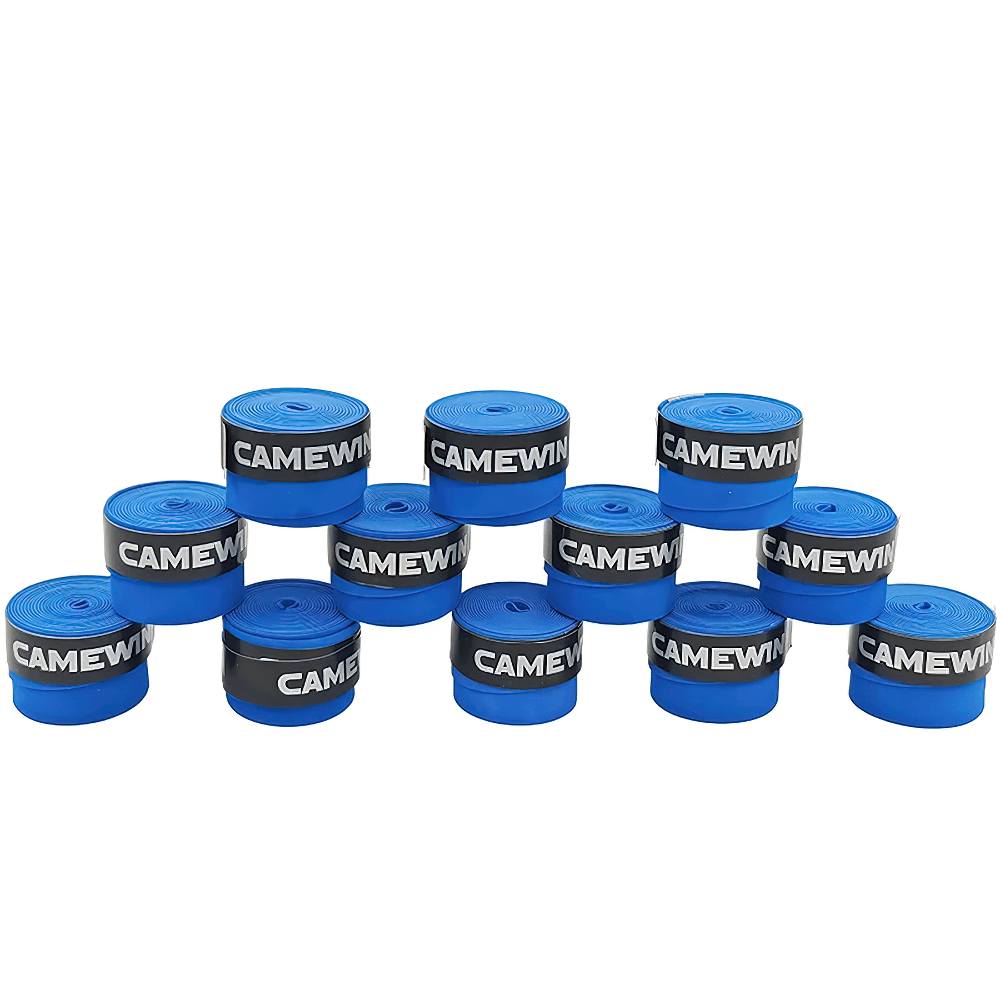 12Pcs Sticky Tennis and Badminton Racket Overgrips - SF3445 displayed in blue rolls.